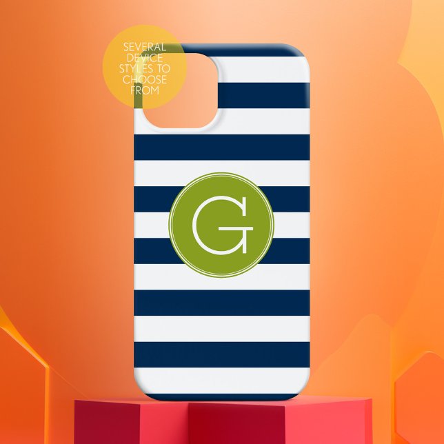 Navy and White Striped Pattern Green Monogram (Personalized Phone Case - Many Device Styles to Choose From)