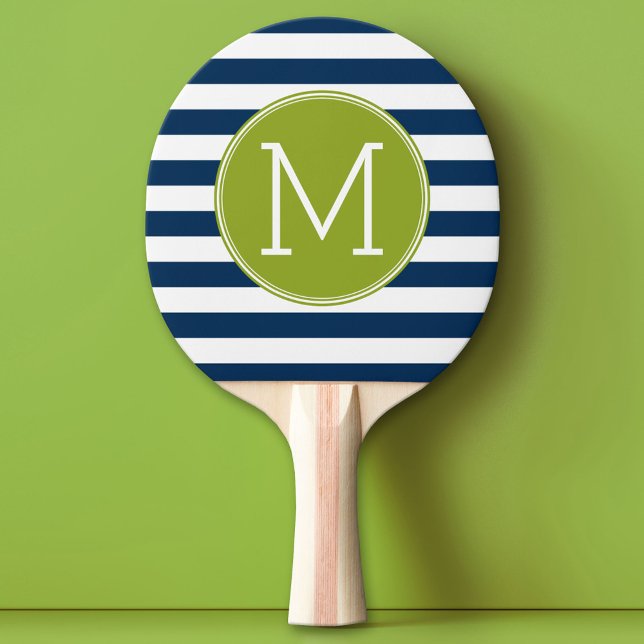Navy and White Striped Pattern Green Monogram Ping Pong Paddle (Custom Monogram Ping Pong Paddle)