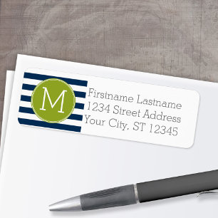 Navy and White Striped Pattern Green Monogram Return Address Label