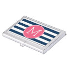 Navy and White Striped Pattern Hot Pink Monogram
