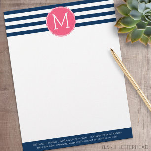 Navy and White Striped Pattern Hot Pink Monogram Letterhead Design