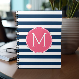 Navy and White Striped Pattern Hot Pink Monogram Notebook