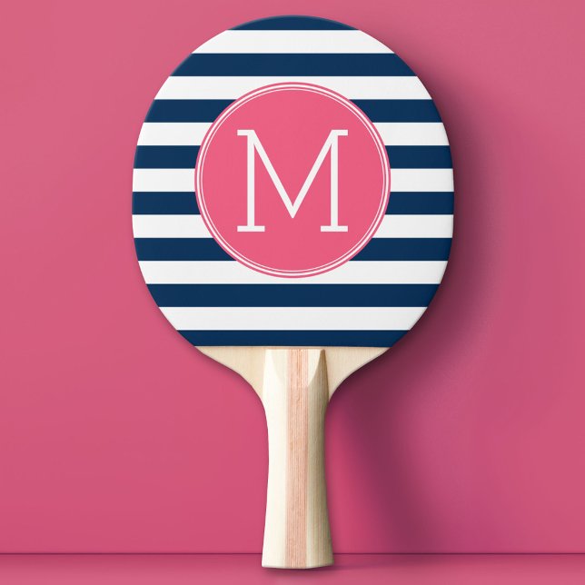 Navy and White Striped Pattern Hot Pink Monogram Ping Pong Paddle (Custom Monogram Ping Pong Paddle)