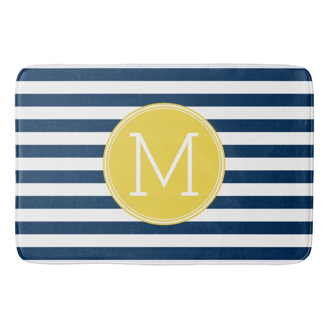 Navy and White Striped Pattern Yellow Monogram Bath Mat (Front)
