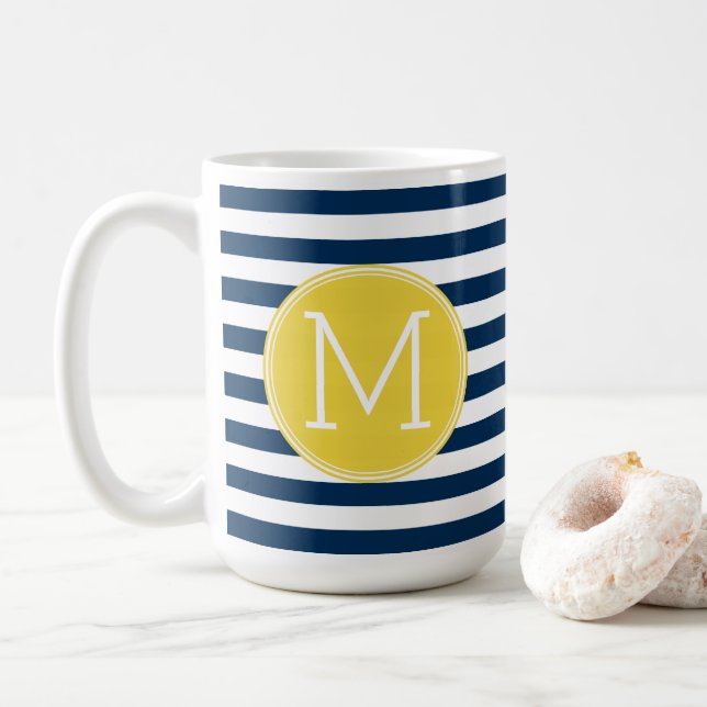 Navy and White Striped Pattern Yellow Monogram Coffee Mug (With Donut)