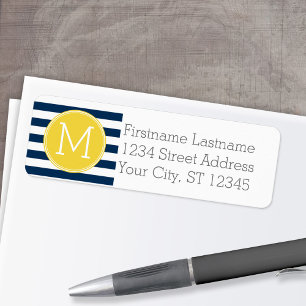 Navy and White Striped Pattern Yellow Monogram Return Address Label