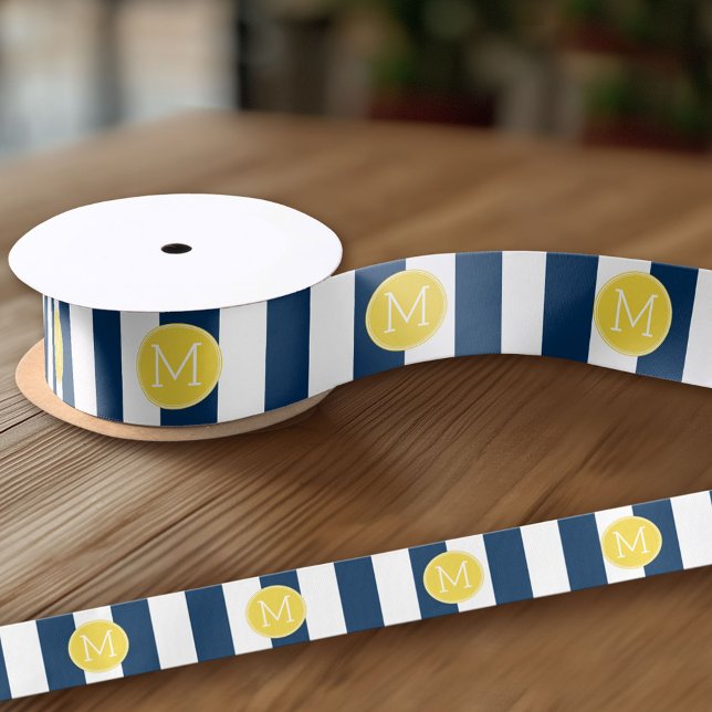 Navy and White Striped Pattern Yellow Monogram Satin Ribbon (Custom Ribbon - add your personalized text)