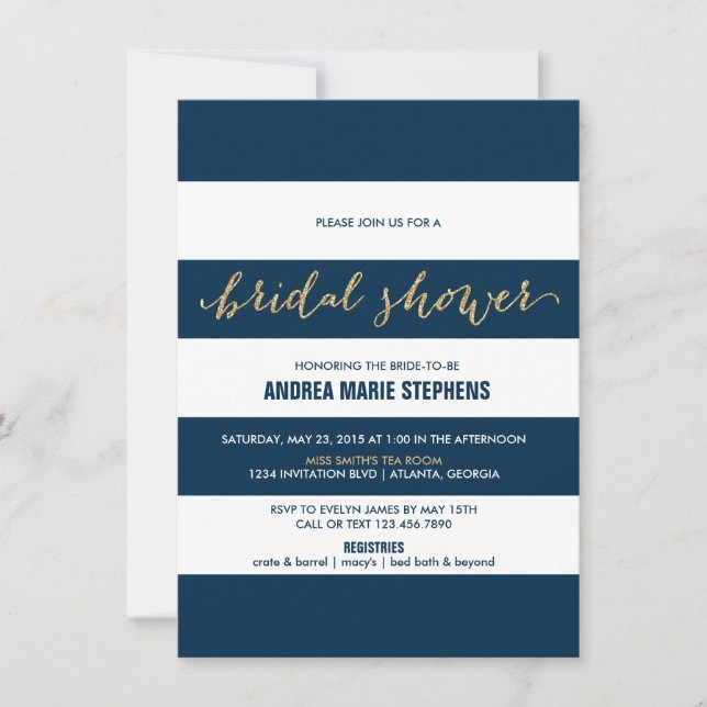 Navy and White Stripes Gold Glitter Bridal Shower Invitation (Front)