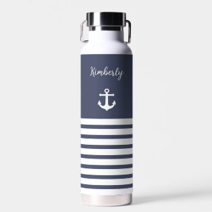 Navy and White Stripes Nautical Personalised Water Bottle