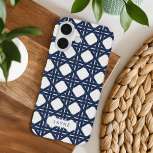 Navy and White Summer Basketweave Pattern iPhone 16 Case