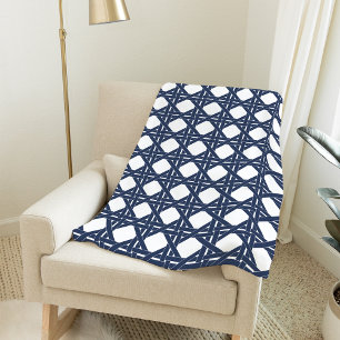 Navy and White Summer Rattan Basketweave Pattern Fleece Blanket