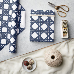 Navy and White Summer Rattan Basketweave Pattern Wrapping Paper