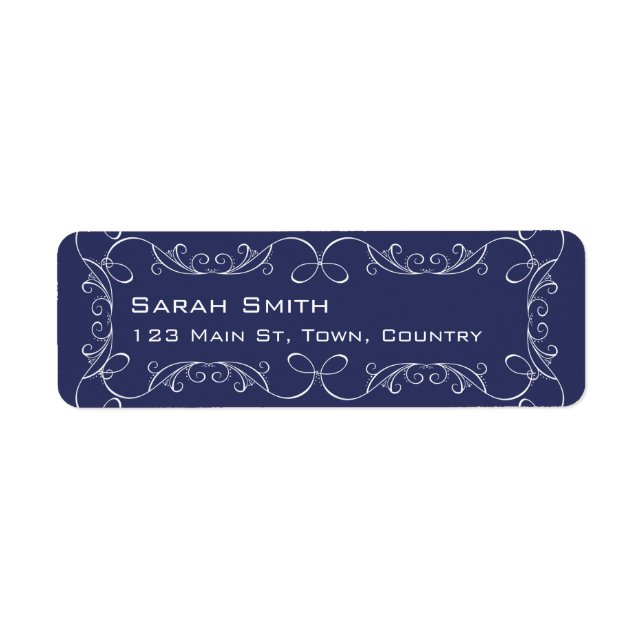 Navy and White Swirls Wedding Address Labels (Front)