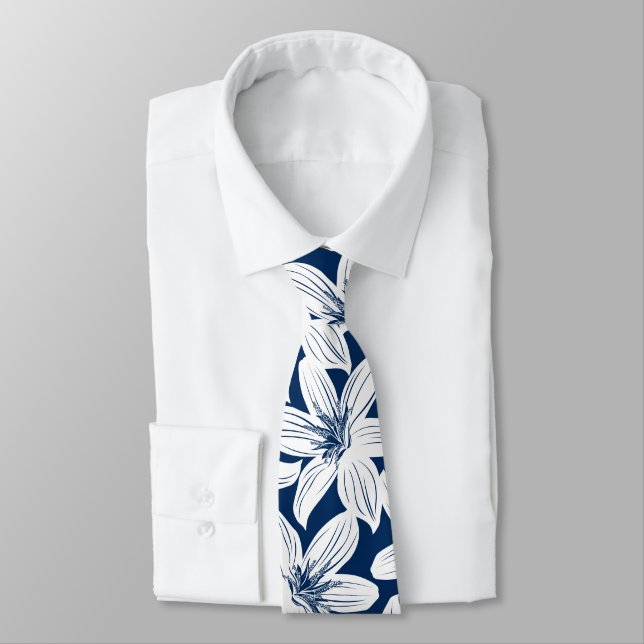 Navy and white tropical hibiscus tie (Tied)