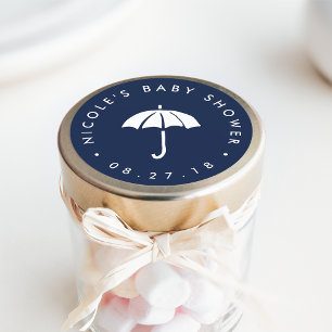 Navy and White Umbrella Baby Shower Classic Round Sticker