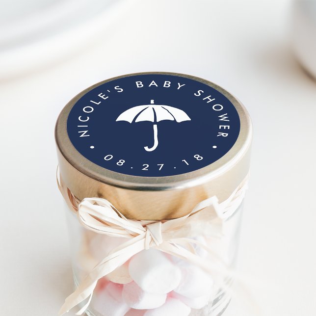 Navy and White Umbrella Baby Shower Classic Round Sticker (Creator Uploaded)