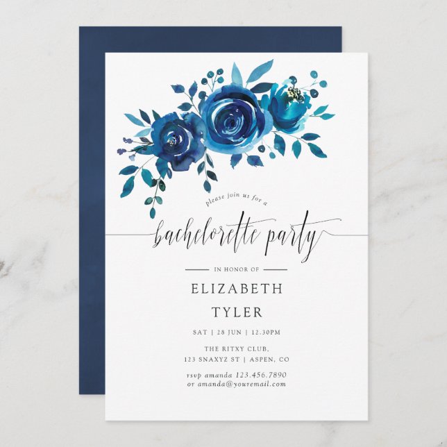 Navy and White Watercolor Bachelorette Party Invitation (Front/Back)