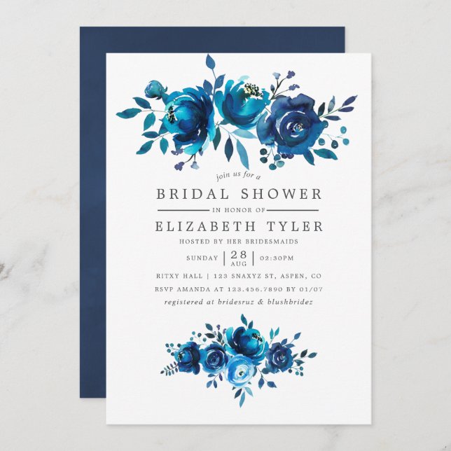 Navy and White Watercolor Floral Bridal Shower Invitation (Front/Back)