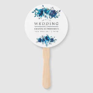 Navy and White Watercolor Floral Favour Hand Fan