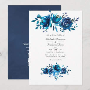 Navy and White Watercolor Floral QR Code Wedding Invitation
