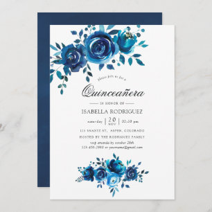 Navy and White Watercolor Floral Quinceañera Invitation