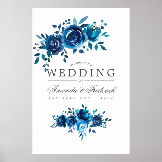 Navy and White Watercolor Floral Wedding Welcome Poster (Front)