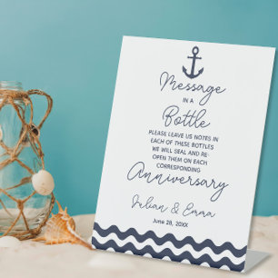 navy and white wedding message in a bottle print pedestal sign