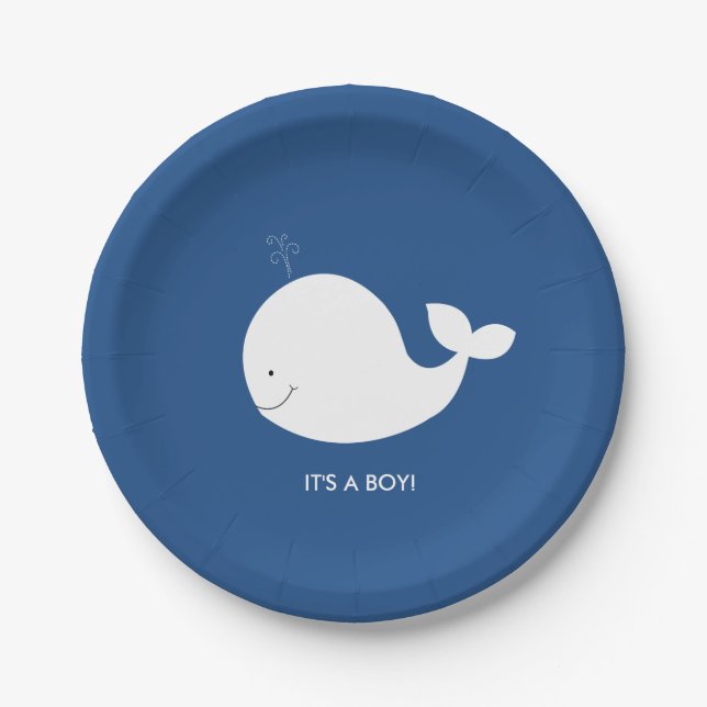 Navy and White Whale Baby Shower Paper Plate (Front)