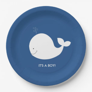 Navy and White Whale Baby Shower Paper Plate