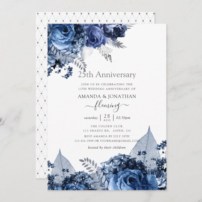 Navy and White with Silver Foil 25th Anniversary I Invitation (Front/Back)