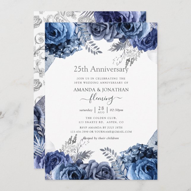 Navy and White with Silver Foil 25th Anniversary Invitation (Front/Back)