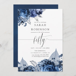 Navy and White with Silver Foil 50th Birthday Invitation