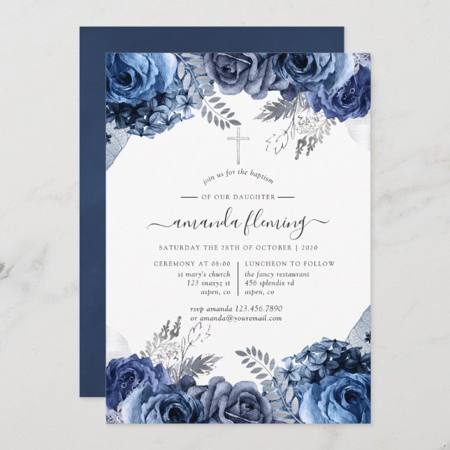 Navy and White with Silver Foil Floral Baptism Invitation (Front/Back)