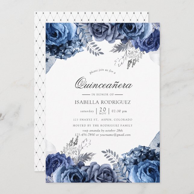 Navy and White with Silver Foil Floral Quinceañera Invitation (Front/Back)