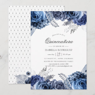 Navy and White with Silver Foil Floral Quinceañera Invitation