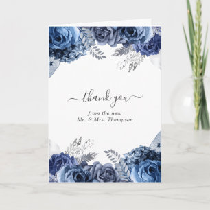 Navy and White with Silver Foil Floral Wedding Thank You Card