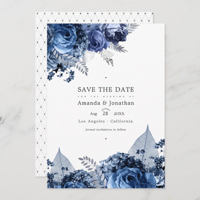 Navy and White with Silver Foil Wedding Save The Date (Front/Back)
