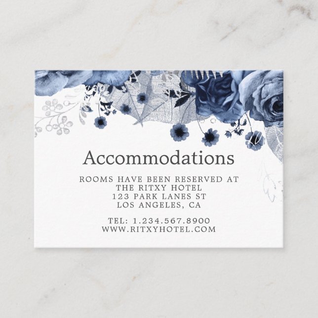 Navy and White with Silver Wedding Accommodations Enclosure Card (Front)