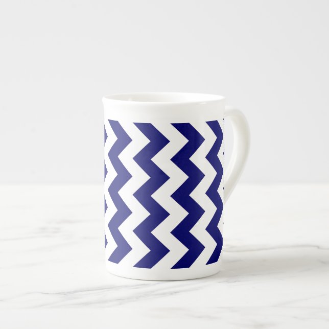 Navy and White Zigzag Bone China Mug (Front Right)