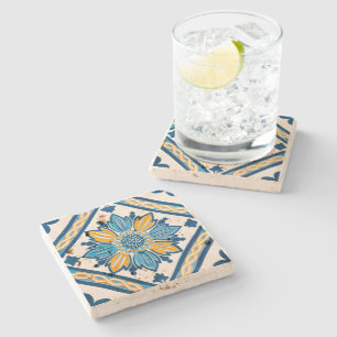 Navy and Yellow Azulejo Mediterranean Floral Stone Coaster