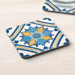 Navy and Yellow Azulejo Mediterranean Grosgrain Coaster