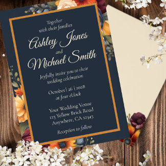 Navy and Yellow Fall Wildflower Wedding Invitation