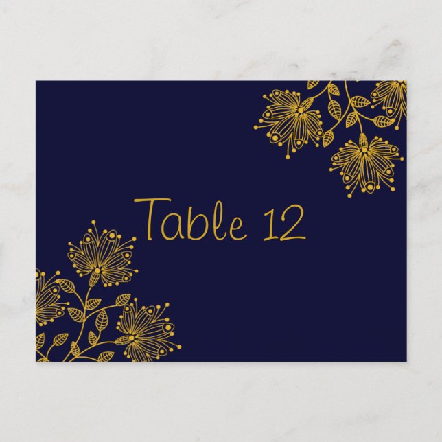 Navy and Yellow Floral Wedding Table Number Card (Front)