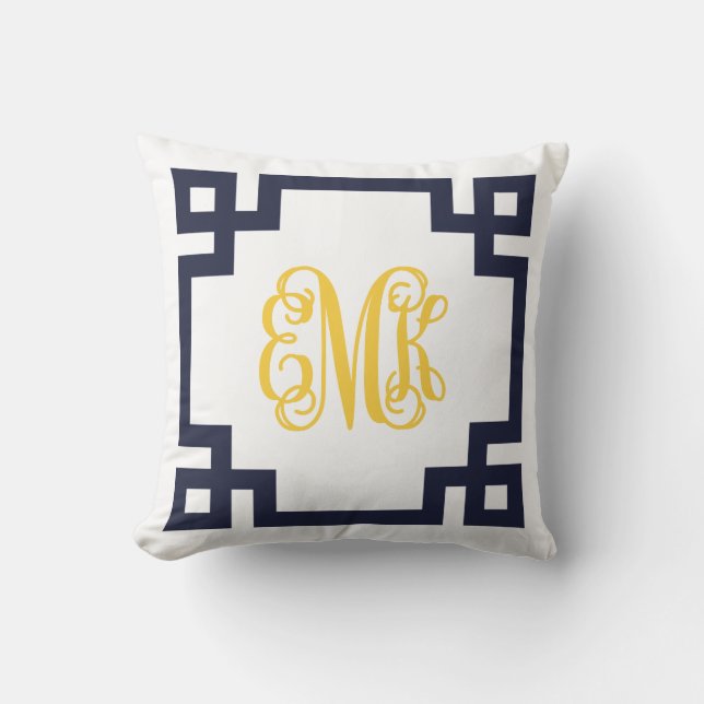 Navy and Yellow Greek Key Script Monogram Cushion (Front)