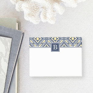 Navy and Yellow Mediterranean Pattern Monogram Post-it Notes