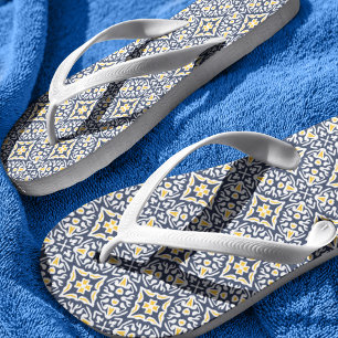 Navy and Yellow Mediterranean Pattern Thongs