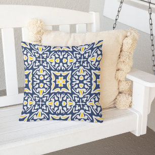 Navy and Yellow Mediterranean Tile Pattern Outdoor Cushion