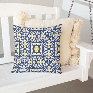 Navy and Yellow Mediterranean Tile Pattern Outdoor Cushion