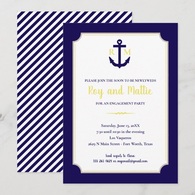 Navy and Yellow Nautical Anchor Engagement Party Invitation (Front/Back)
