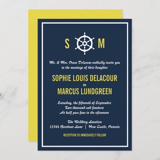 Navy and Yellow Nautical Monogram Wedding Invitation (Front/Back)